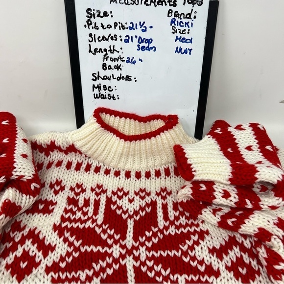 Y2K Ricki Snowflake Hand Knit Crew Neck Sweater Size M NWT Red Cream Chunky Knit - Picture 3 of 13